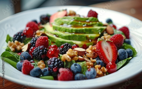 Vibrant salad with avocado  berries  nuts on a white plate.