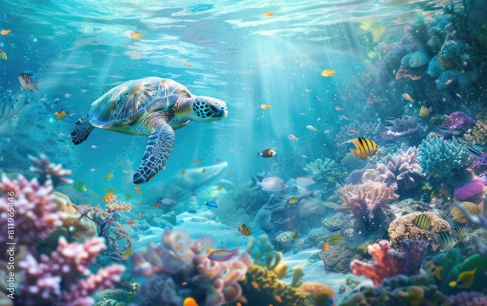 Vibrant underwater coral reef bustling with colorful fish and a swimming turtle.