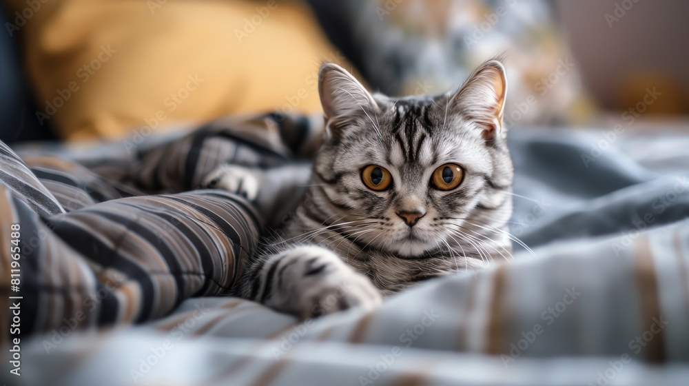 A cute cat is lying on a bed. The cat has big green eyes and is looking at the camera. The cat is surrounded by soft blankets. A cute cat is lying on a bed. The cat has big green eyes and is looking at the camera. The cat is surrounded by soft blankets.