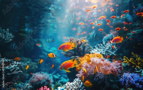 Vibrant underwater scene with colorful fish and coral reefs.
