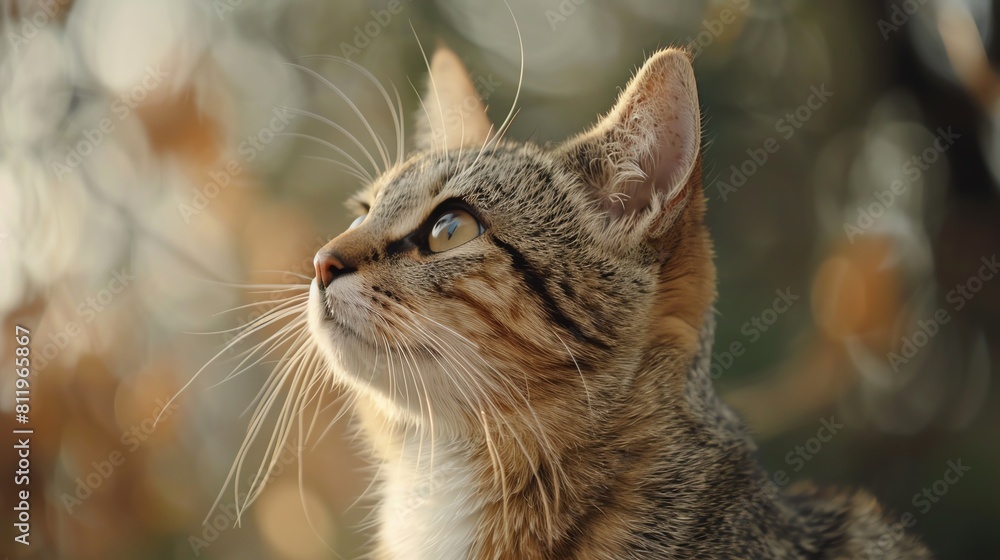 A beautiful cat is looking up at something. The cat is in focus, while the background is blurred. The cat's fur is brown and white, and its eyes are green.
