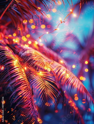 Wallpaper Mural  Leaves of a palm tree decorated with a Christmas garland. Celebrating the New Year in the tropics. The concept of a tropical New Year And Christmas. A festive background with a place for text. Torontodigital.ca