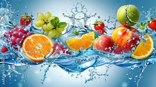 Water wave splash with fruits  background for fruit juice drink  realistic vector. Orange  apple  strawberry and raspberry berry with grape and lime fruits in splash of fresh water wave in pour flow 