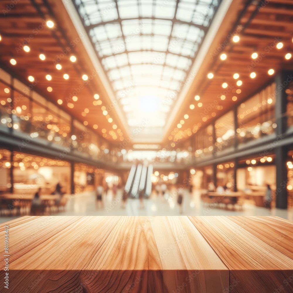 Wooden surface with blurred background of a store or shopping area with hanging lights, Generative Ai. Wooden surface with blurred background of a store or shopping area with hanging lights, Generative Ai.