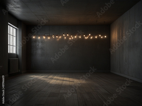 Empty black dark room with wooden flooring