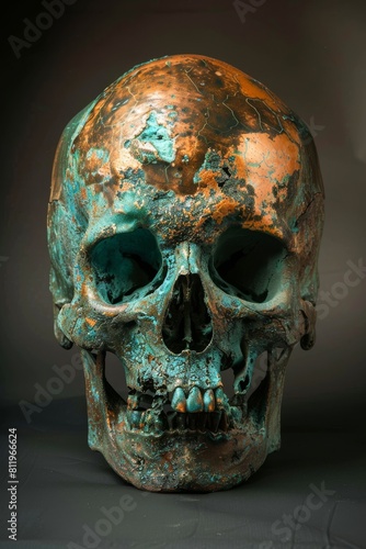 Verdigris Patina Copper Skull Sculpture 