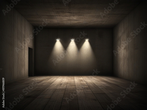 Empty black dark room with wooden flooring