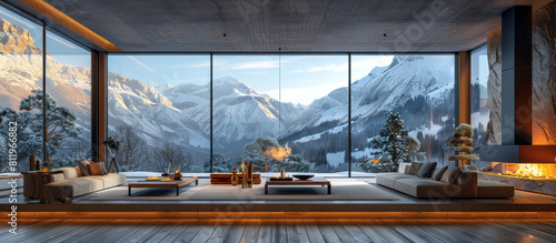 Generative ai illustration of a Contemporary Empty Home with Snowy_Mountain