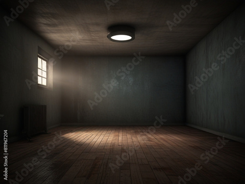 Empty black dark room with wooden flooring