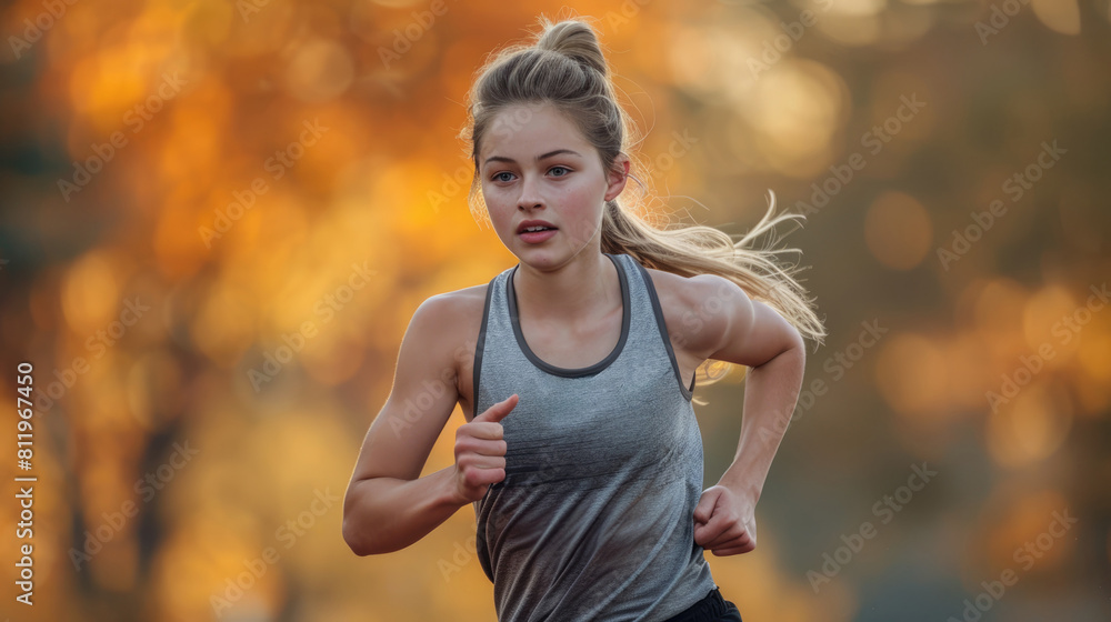 Woman Running on Trail in Woods Woman Running on Trail in Woods