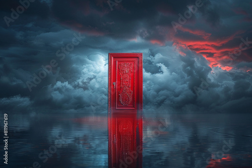 A surreal composition featuring a bold, red door that stands alone on a smooth, mirrorlike surface reflecting a stormy sky above The doors frame is adorned with intricate silver embellishments that ca photo