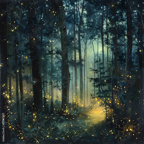 Enchanting Forest Scene Illuminated by Mesmerizing Fireflies at Dusk