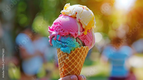 A small childs hand gripping a colorful ice cream cone, with vibrant multicolored scoops that are beginning to melt The background is a bright, sunny park with other children playing in soft focus The