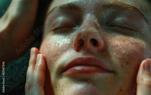Woman receiving a soothing facial massage  eyes closed in relaxation.