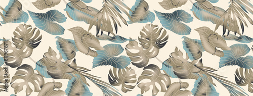 abstract artistic allover leaves artwork decorative ecology watercolor element background seamless pattern design illustration olive grey teal color combination for digital home textile and apparels