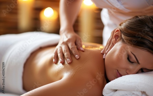 Woman receiving professional back massage in a serene environment.