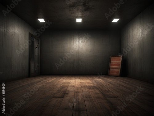 Empty black dark room with wooden flooring