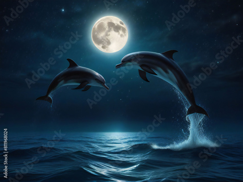 Dolphins jumping in the moonlight