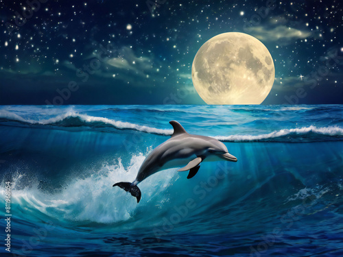 Dolphins jumping in the moonlight