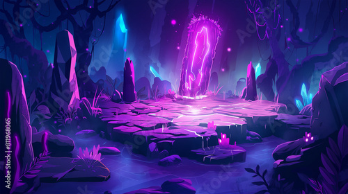 The Cartoon and realistic, stone battleground platform at night neon style look, Illustration