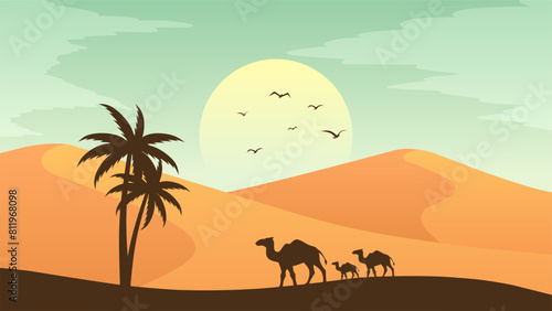 Landscape illustration of camels silhouette in the sand desert