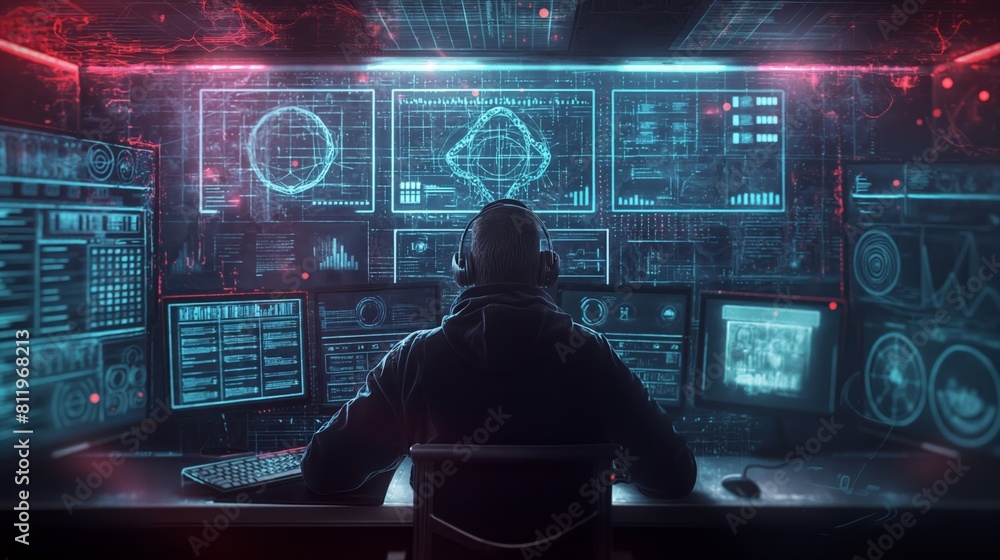 Professional hacker in a network security center surrounded by monitors with code, symbolizing high-level cybersecurity operations. Professional hacker in a network security center surrounded by monitors with code, symbolizing high-level cybersecurity operations.