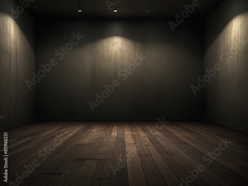 Empty black dark room with wooden flooring