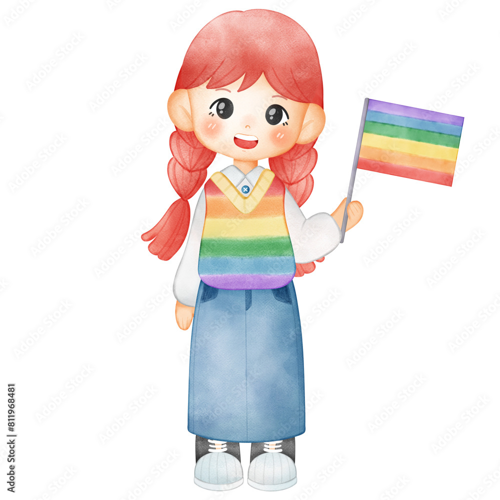 Illustration of a woman holding a rainbow flag for Pride Month Illustration of a woman holding a rainbow flag for Pride Month