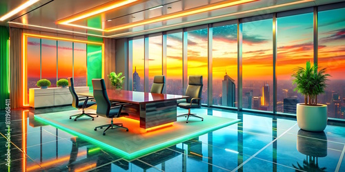 Modern office with neon lighting around, glossy floor, panoramic windows, view from a skyscraper, interior design, look to the future photo