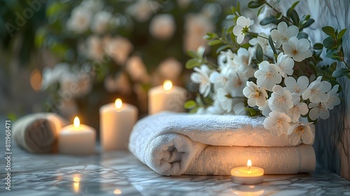 An opulent spa tableau with fragrant white flowers  flickering candles casting a gentle glow  and a folded towel placed elegantly on smooth marble  with the Holy Quran providing a sense of sacred