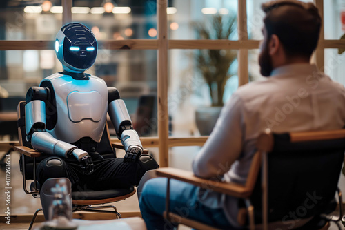 Humanoid robot in a business meeting. Emphasizes the role of AI in modern business and corporate strategy discussions. Appropriate for tech and futuristic workplace themes photo