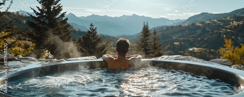 Dad relaxing in a hot tub, mountain view, ultimate leisure in a luxury resort photo