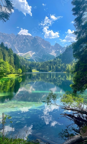 Lake in the mountains, clear water reflecting the surrounding forest 