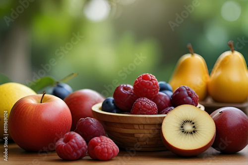 Fresh fruit on a table with a blurred background. Perfect for celebrating Vegetarian Day and promoting healthy eating