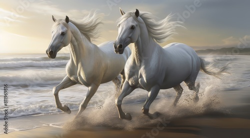 two white horse running at the beach