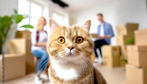 Katze im Vordergrund, im Hintergrund Familie in leere Wohnung mit Umzugskartons  © Sina Ettmer