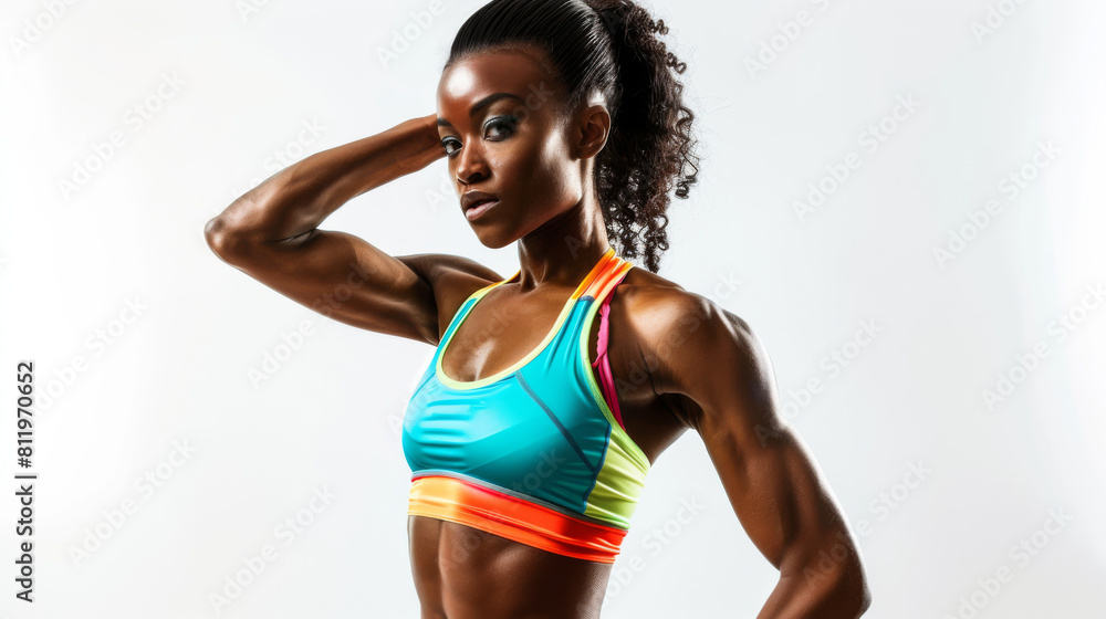 Fit, toned female model demonstrates her muscular physique against a white background, embodying health, strength, and focused determination Fit, toned female model demonstrates her muscular physique against a white background, embodying health, strength, and focused determination