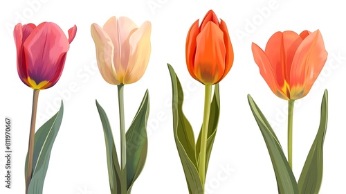 illustration of tulip flower buds in various stages of blooming  surrounded by green leaves and stems  on a isolated background