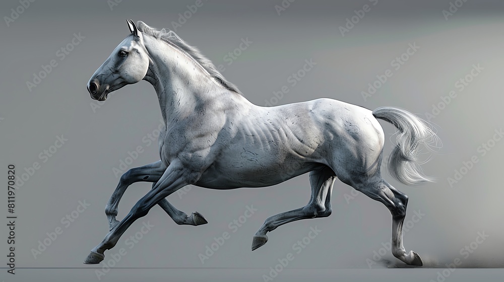 A beautiful white horse is running in a field of green grass A beautiful white horse is running in a field of green grass