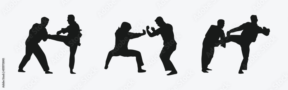 set of silhouettes of martial arts pencak silat with different action, pose. isolated on white background. vector illustration.