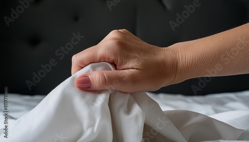 woman s hand squeezing a bed sheet