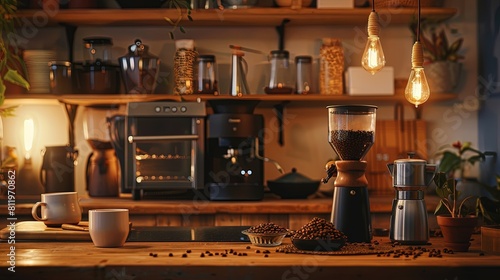 Coffee lover's dream, assortment of coffee beans, coffee cup, coffee grinder, coffee pot photo