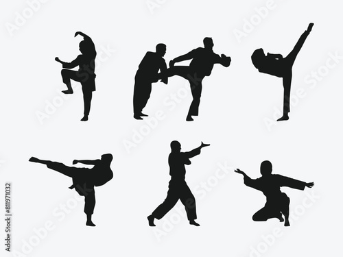 set of silhouettes of martial arts pencak silat with different action, pose. isolated on white background. vector illustration.