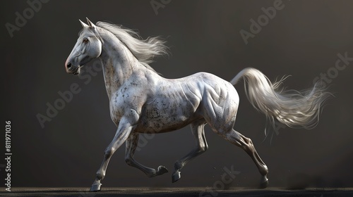 A beautiful white horse with a long flowing mane and tail is running at full speed