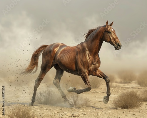 A wild horse runs free in the desert  its mane and tail flying in the wind. The horse is a symbol of freedom and adventure.