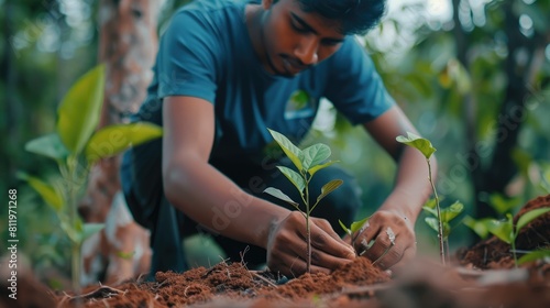 A young man is on a mission to save the world by planting saplings and trees with his hands embodying the essence of World Environment Day and the interconnectedness of planting forests nurt photo