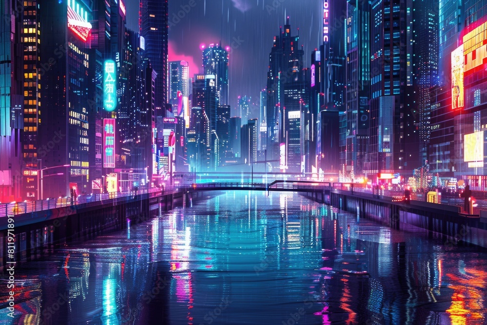 A sleek, futuristic cityscape at night, illuminated by neon lights and reflected in the smooth surface of a river running through the city.