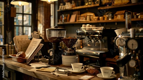 Café ambiance creation, coffee shop scene, coffee cups, pastries, newspapers, coffee grinder