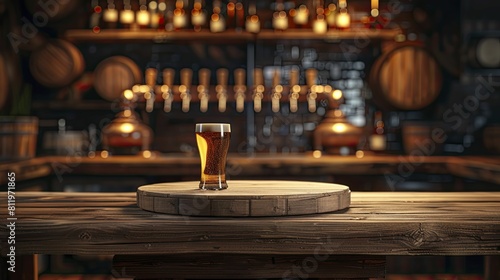 Beer Festival Wooden Podium, front view focus, with a Brewery Background, ideal for craft beer showcases.