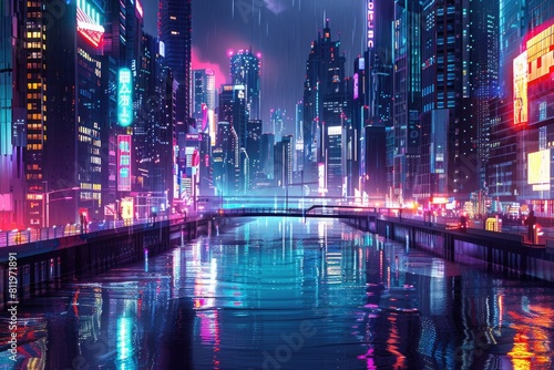 A sleek  futuristic cityscape at night  illuminated by neon lights and reflected in the smooth surface of a river running through the city.